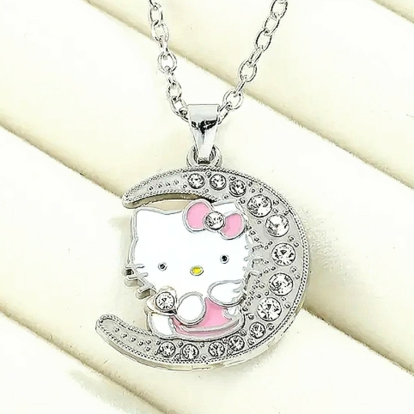 Hello Kitty Anime Crescent Moon Necklace Sanrio Rhinestone Sparkly Jewelry   New - Picture 1 of 8